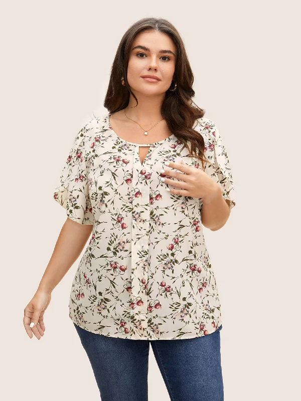 Floral Keyhole Petal Sleeve Split Side BlousePainted Shirts