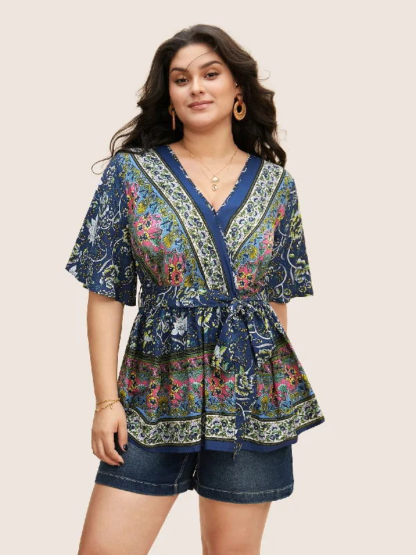 Floral Print Ruffles Belted BlouseTunic Shirts