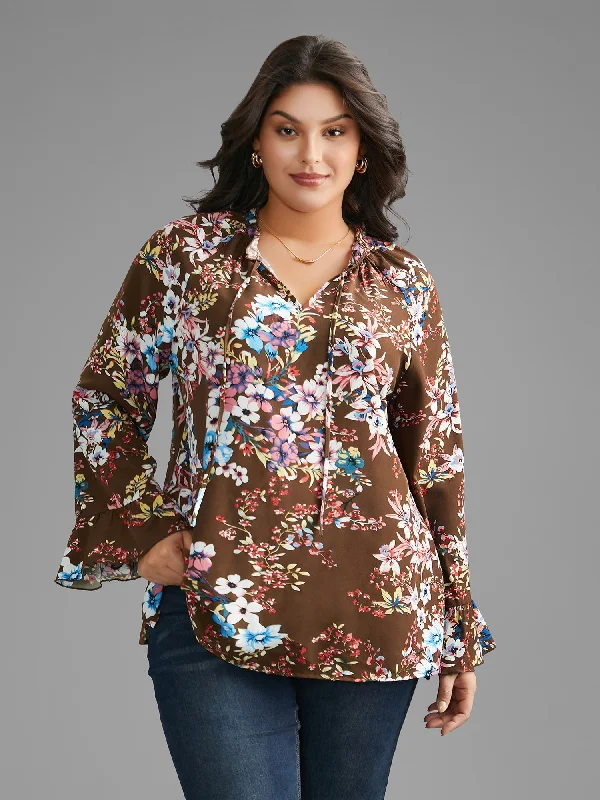 Floral Tie Knot Flutter Sleeve BlouseCycling Shirts