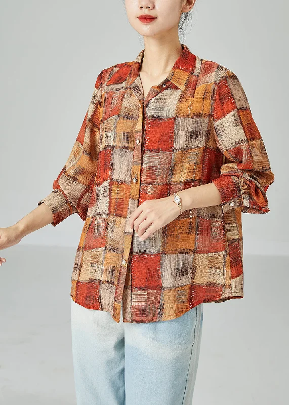 French Orange Peter Pan Collar Plaid Cotton Blouse Top SpringFestival Shirts