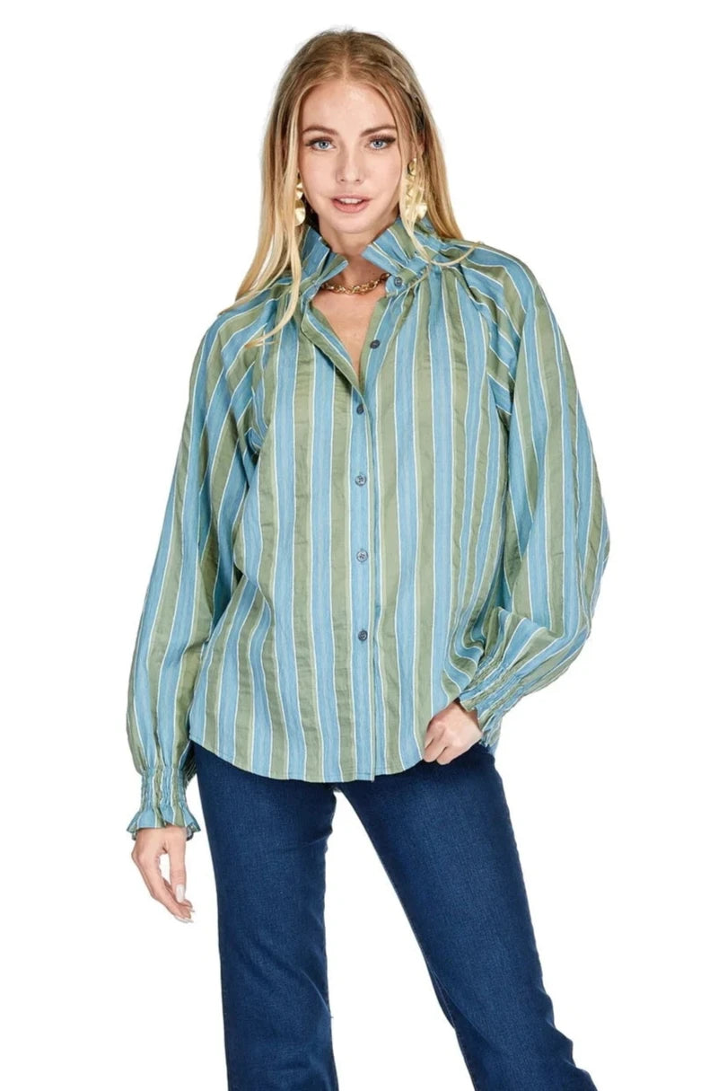 Gathers Neck Blouse - Sage StripeWork Shirts