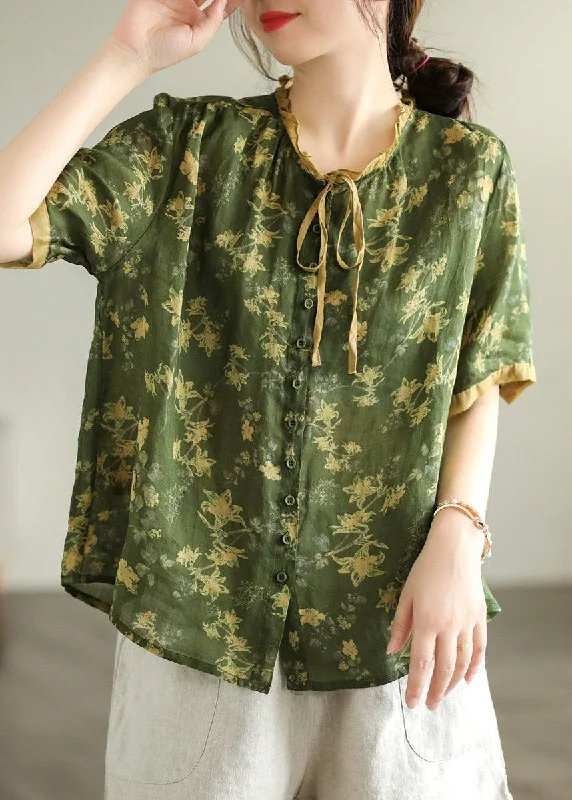 Green Print Linen Blouse Top Wrinkled SummerDesigner Shirts