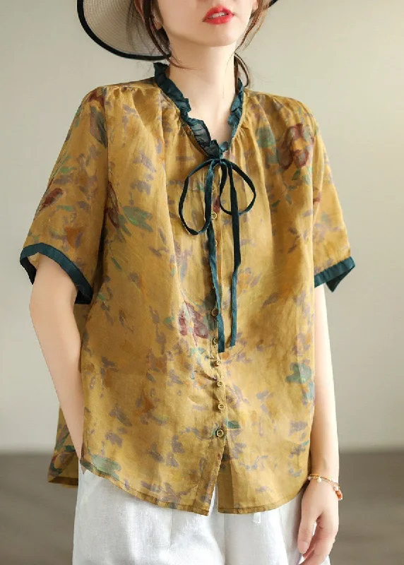 Italian Yellow Ruffled Print Linen Blouse Tops SummerLuxury Shirts