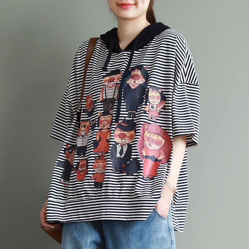 Loose Cartoon Print Half Sleeve Hooded BlouseRayon Shirts