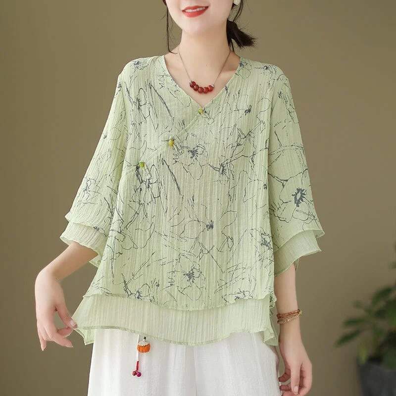 Loose Summer Retro Print Loose Linen BlouseLinen Shirts