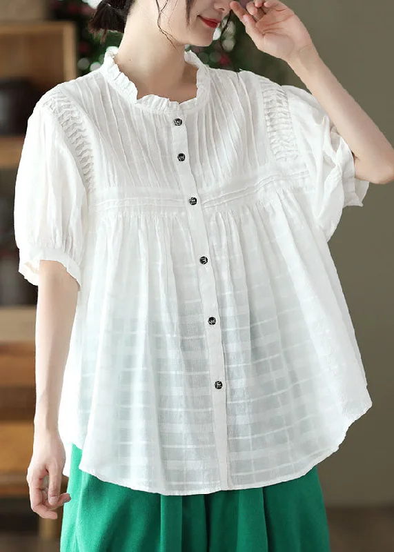 Natural White Wrinkled Button Patchwork Cotton Blouses SummerRetro Shirts