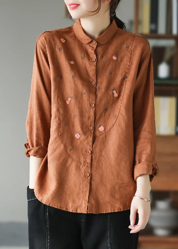 Orange Patchwork Linen Blouses Embroideried SpringLogo Shirts