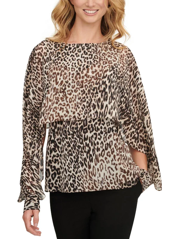 Petites Womens Metallic Animal Print BlouseCycling Shirts