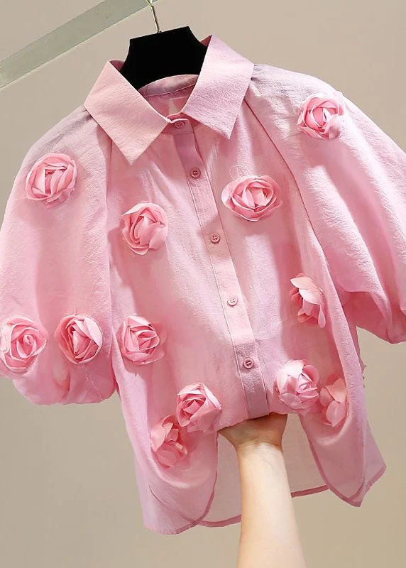 Pink Patchwork Tulle Blouses Peter Pan Collar Floral Decorated SummerBamboo Shirts