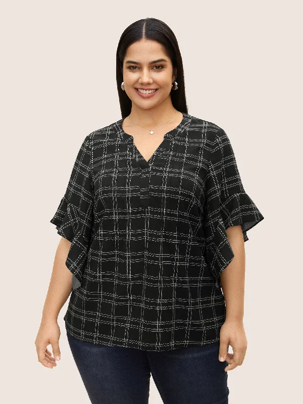 Plaid Notched Patchwork Ruffle Sleeve BlouseAsymmetrical Shirts