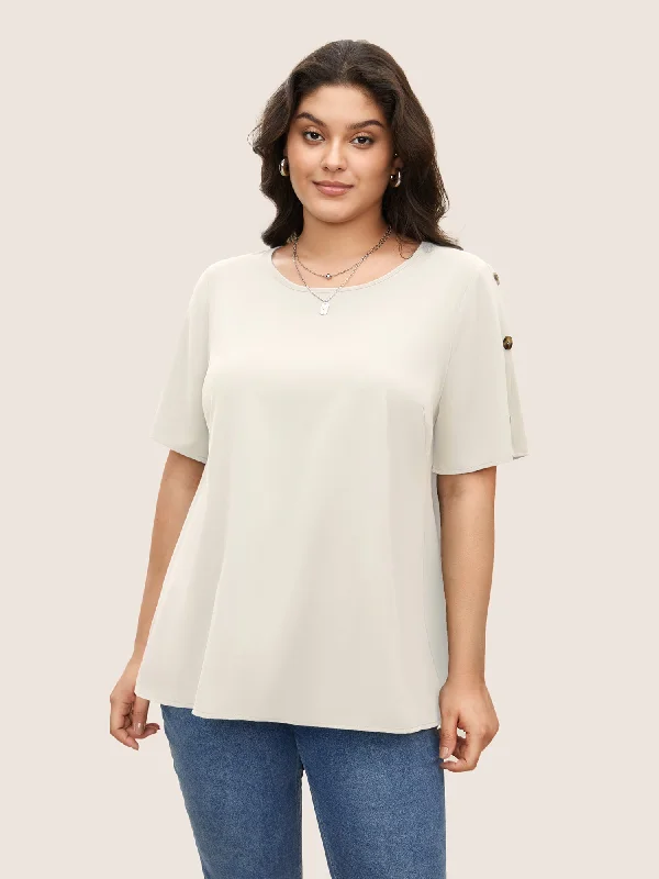 Plain Round Neck Button Detail BlouseCycling Shirts