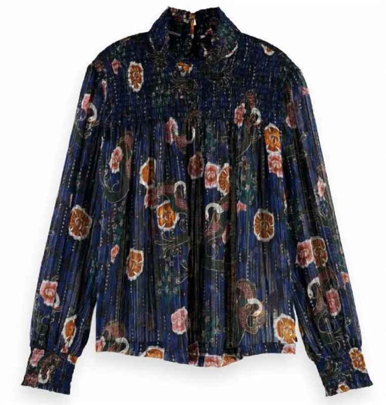 Printed Lurex Smock Blouse In NavyRunning Shirts