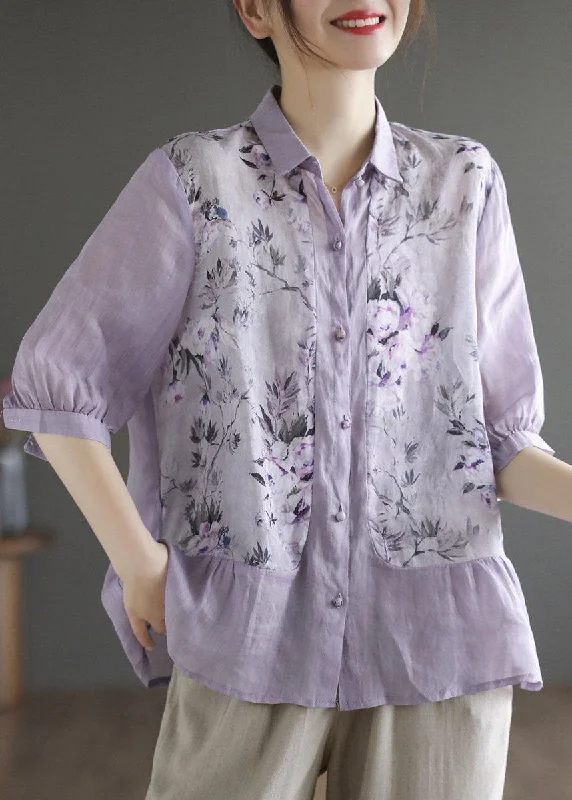 Purple Print Linen Blouse Top Peter Pan Collar SummerHip-Hop Shirts