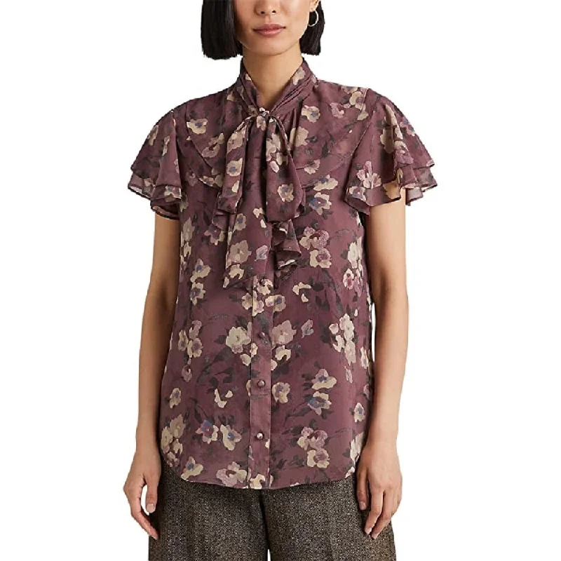 Ralph Lauren Women's Floral Tie Neck Georgette Blouse Purple Size X LargeRelaxed Fit Shirts