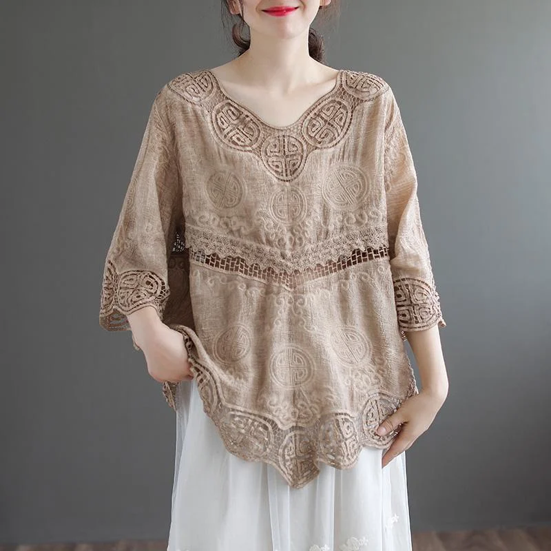 Retro Hollow Round-neck Lace BlouseStreetwear Shirts