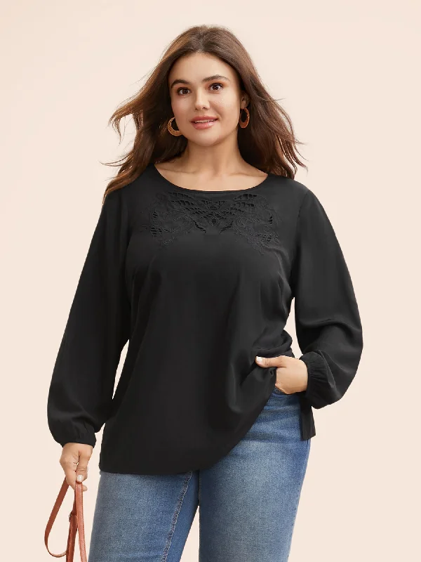 Round Neck Cut Out Lantern Sleeve BlouseSilk Shirts