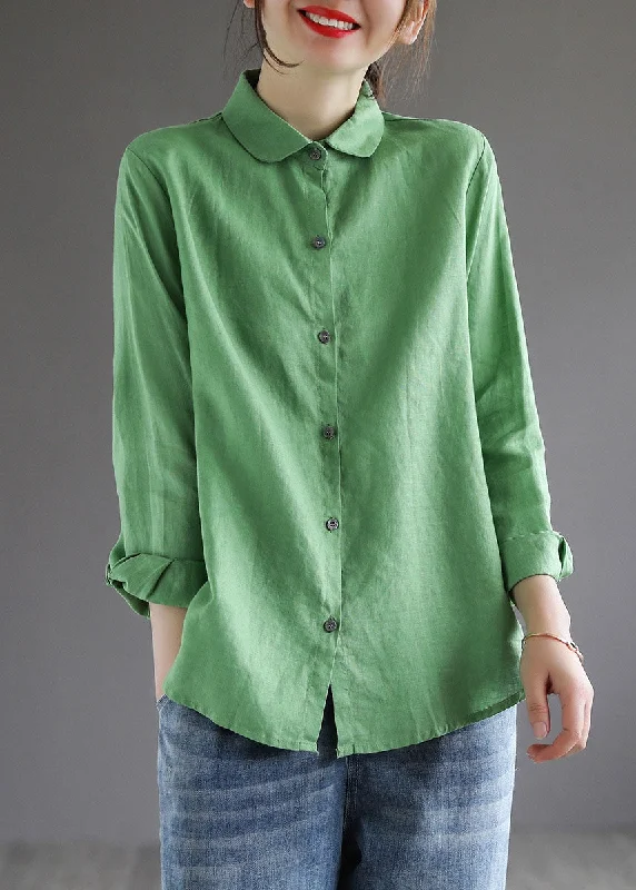 Simple Green Peter Pan Collar Button Patchwork Cotton Blouse Tops SpringQuick-Dry Shirts