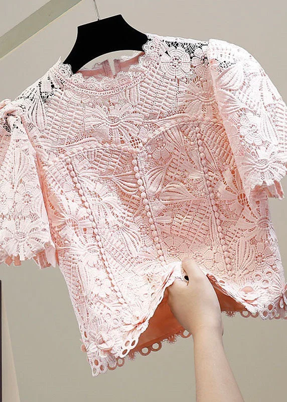 Simple Pink O Neck Floral Patchwork Hollow Out Lace Blouse Top SummerOrganic Cotton Shirts