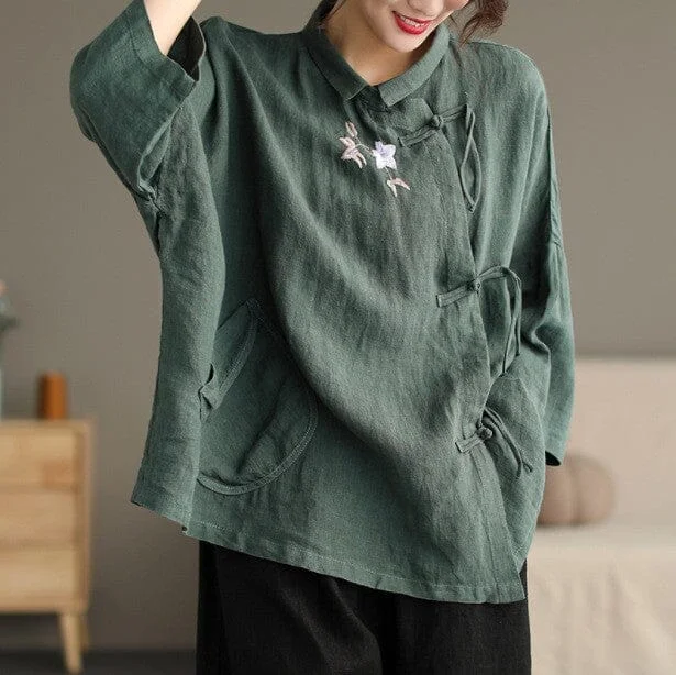 Spring Autumn Retro Embroidery Linen Loose BlouseCotton Shirts