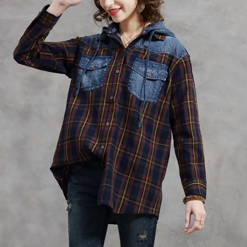 Spring Autumn Retro Plaid Hooded Patchwork Cotton BlouseLounge Shirts