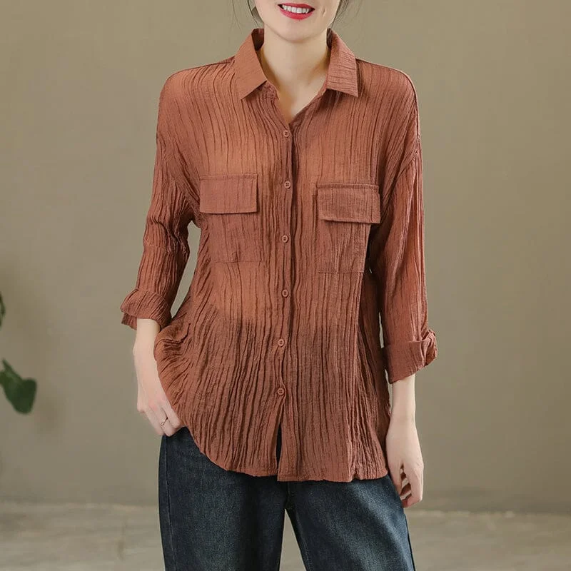 Spring Casual Solid Pleated Linen BlouseBand Merch Shirts