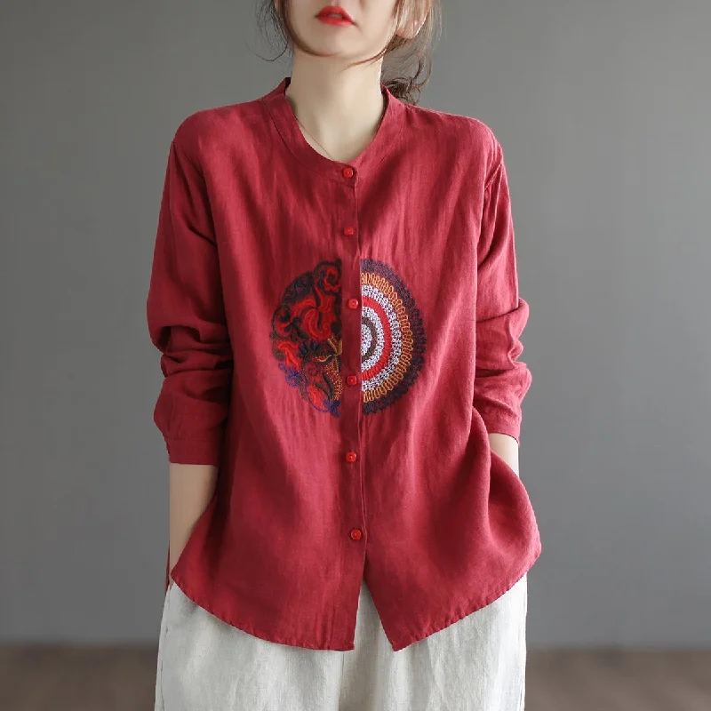 Spring Ethnic Embroidery Linen Loose Casual BlouseRayon Shirts