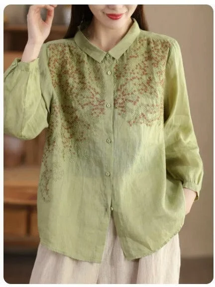 Spring Retro Embroidery Linen Loose Casual BlouseOutdoor Shirts