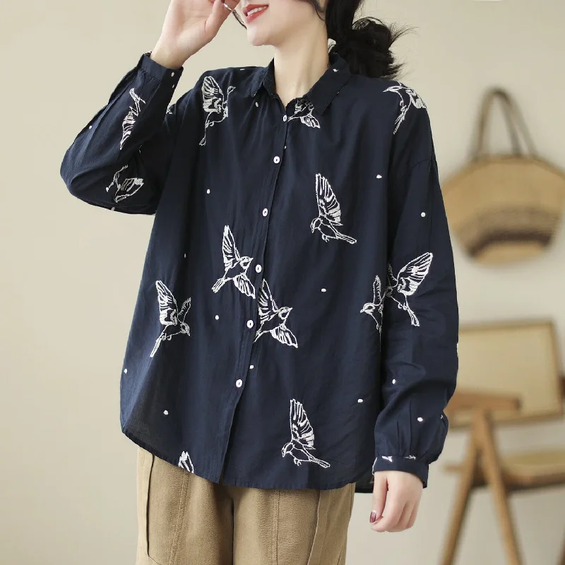 Spring Retro Embroidery Loose Cotton BlouseHunting Shirts