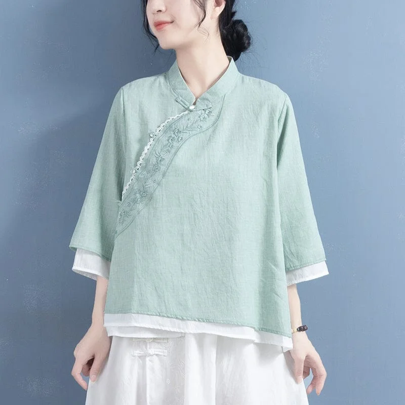 Spring Retro Embroidery Loose Cotton Linen BlouseLuxury Shirts