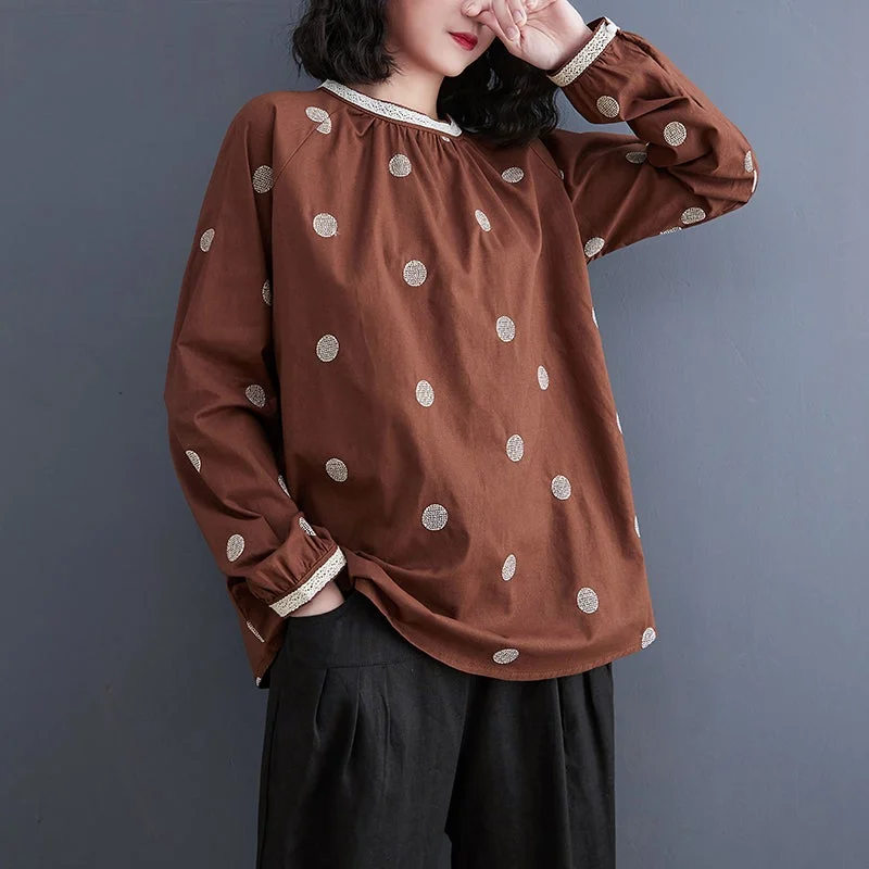 Spring Retro Polka Dot Loose Casual Linen BlouseSheer Shirts