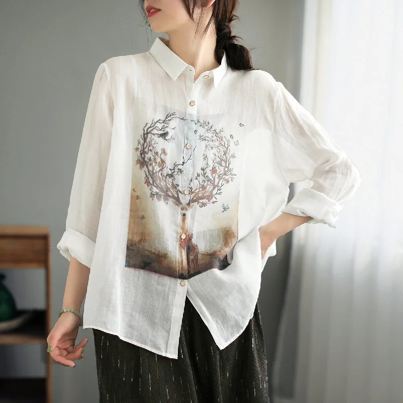 Spring Retro Print Thin Linen Casual BlousePlush Shirts