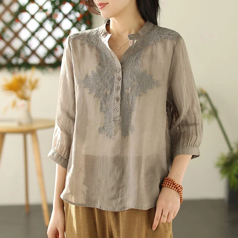 Spring Retro Solid Embroidery Linen BlouseGym Shirts