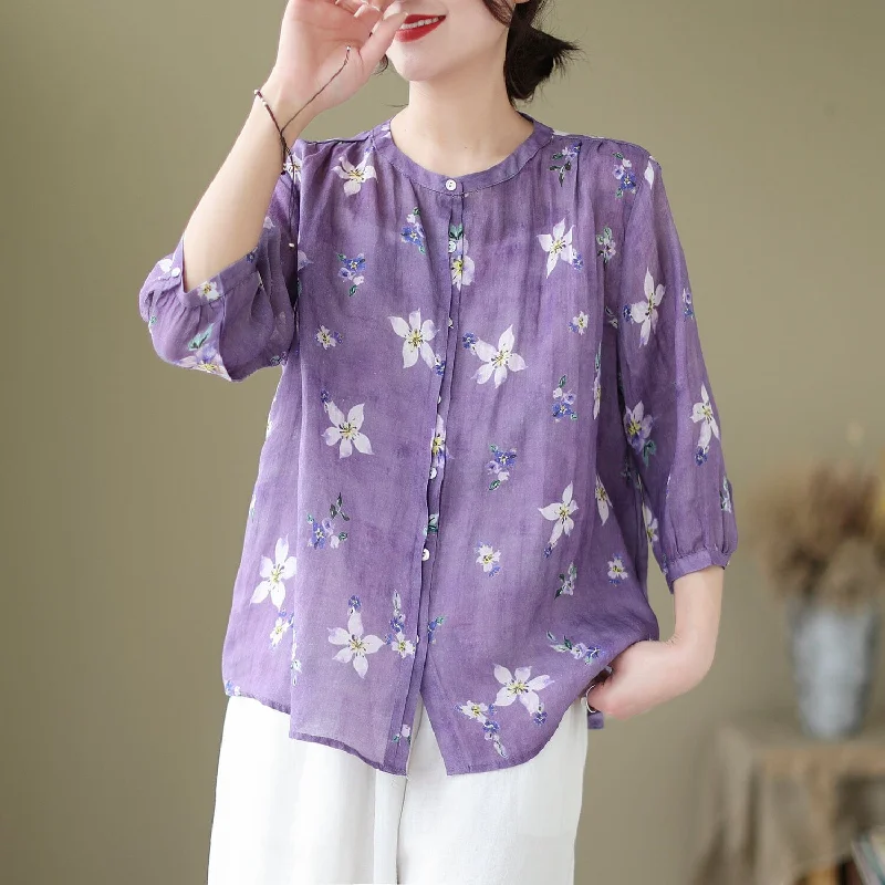 Spring Summer Retro Flowers Loose Linen BlouseStriped Shirts