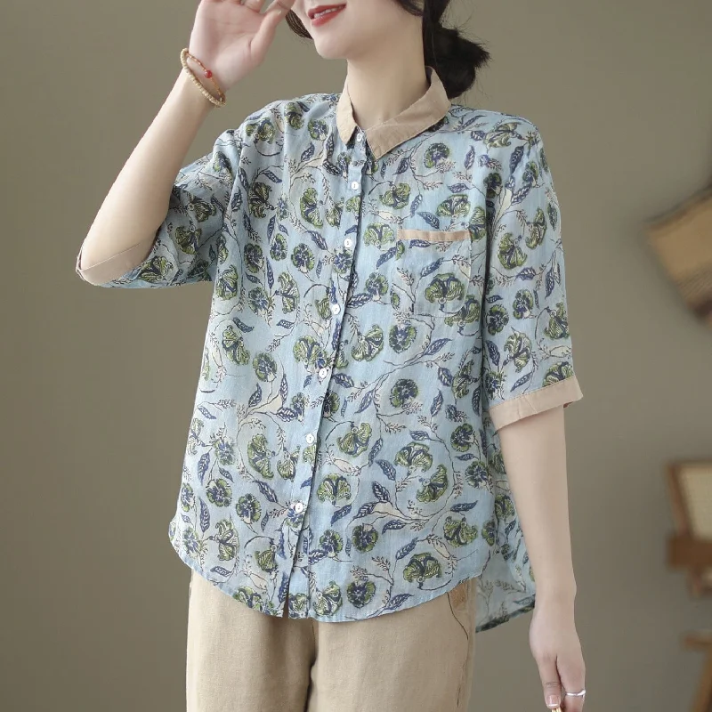 Spring Summer Retro Linen Casual BlouseMetallic Shirts