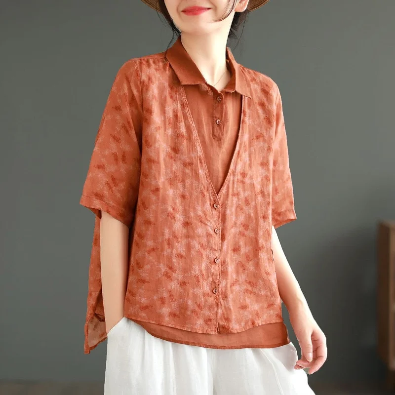 Summer Retro Casual Linen Patchwork BlouseStudded Shirts