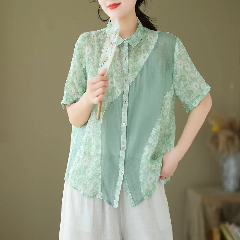 Summer Retro Floral Patchwork Casual Linen BlousePolka Dot Shirts