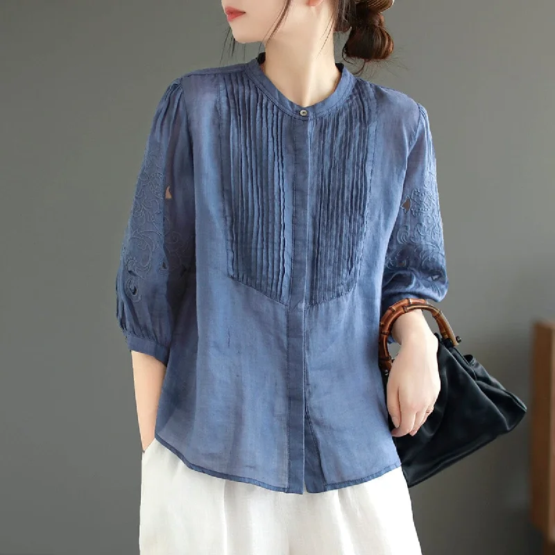 Summer Retro Linen Embroidery Pleated BlouseRunning Shirts