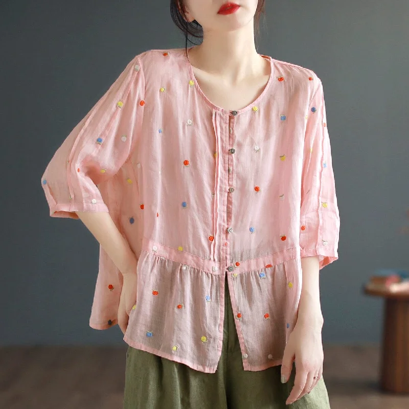 Summer Retro Loose Linen Embroidery BlouseFitted Shirts