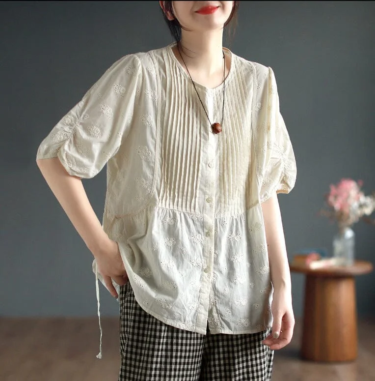 Summer Retro Loose Solid Linen Embroidery BlouseFormal Shirts