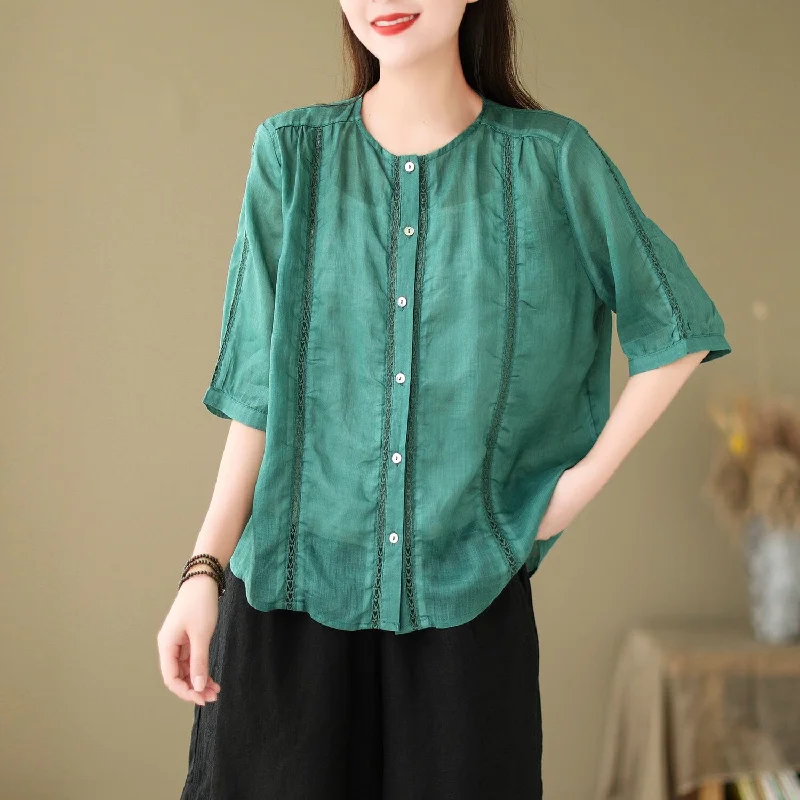 Summer Women Linen Patchwork Blouse Half SleeveStriped Shirts