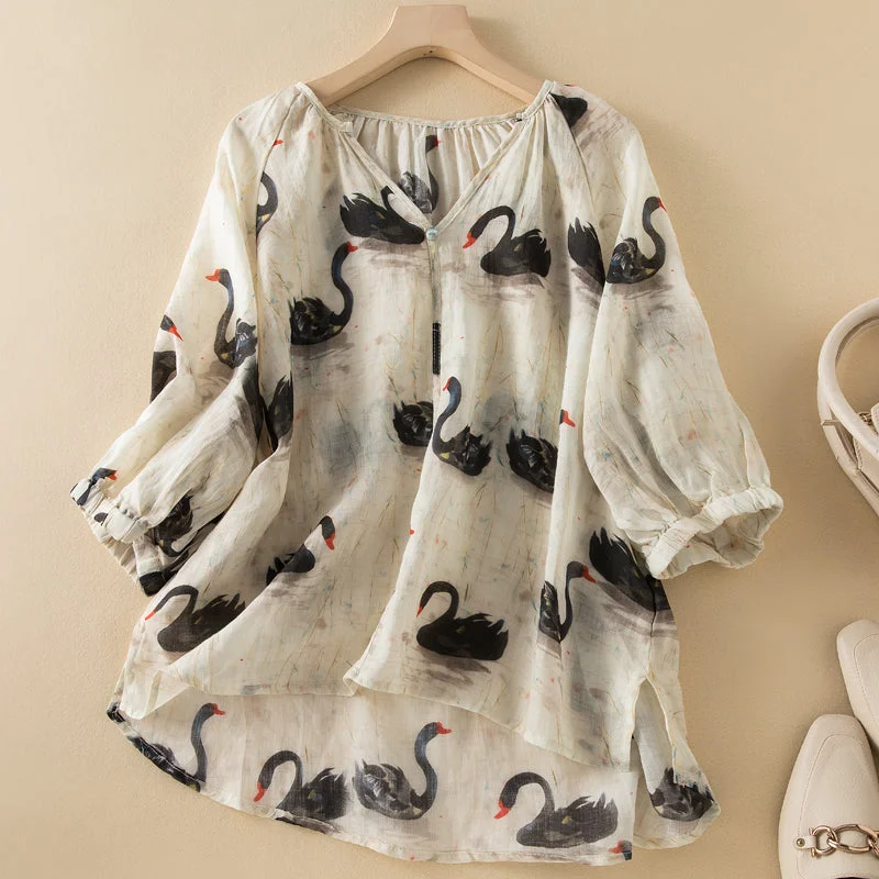 Summer Women Retro Swan Printed Thin Linen BlouseFitted Shirts