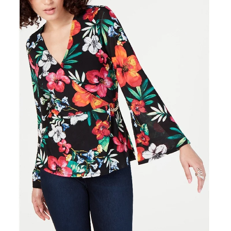 Thalia Sodi Women's Tropical-Print Surplice Blouse Tropical Flor Size MediumDenim Shirts