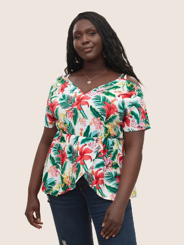 Tropical Print Elastic Waist Cold Shoulder Wrap Hem BlouseButton-Down Shirts