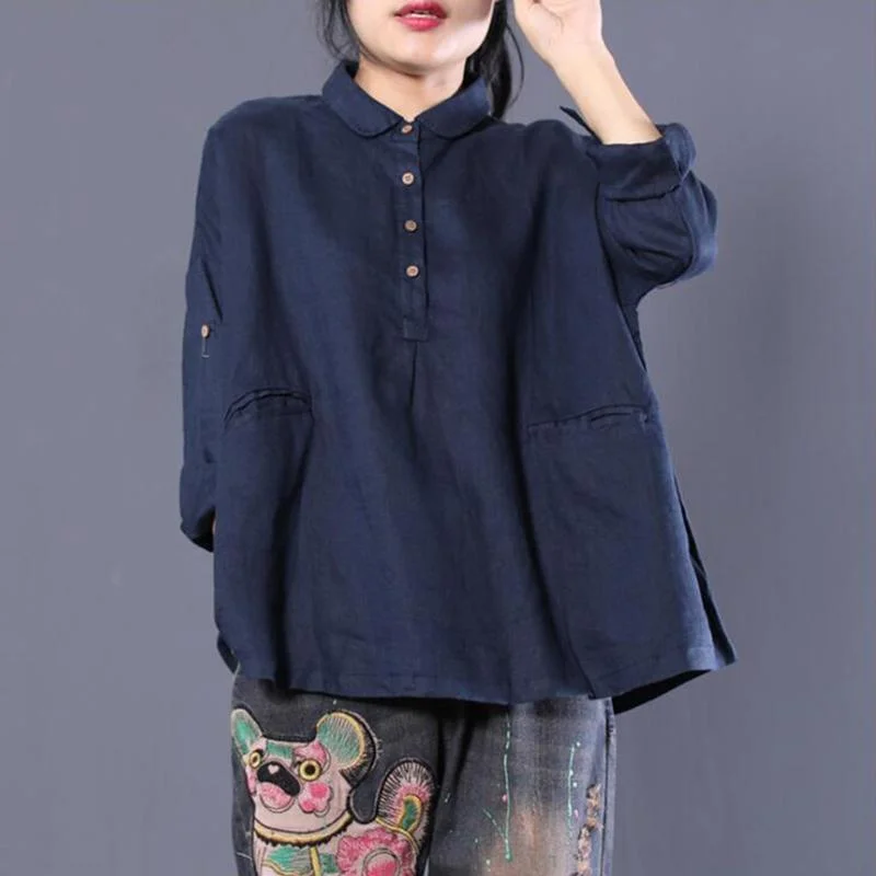 Turn-Down Collar Loose Cotton Linen BlouseMesh Shirts