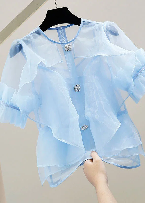 Vogue Baby Blue Ruffled Zircon Patchwork Tulle Blouses SummerPolyester Shirts