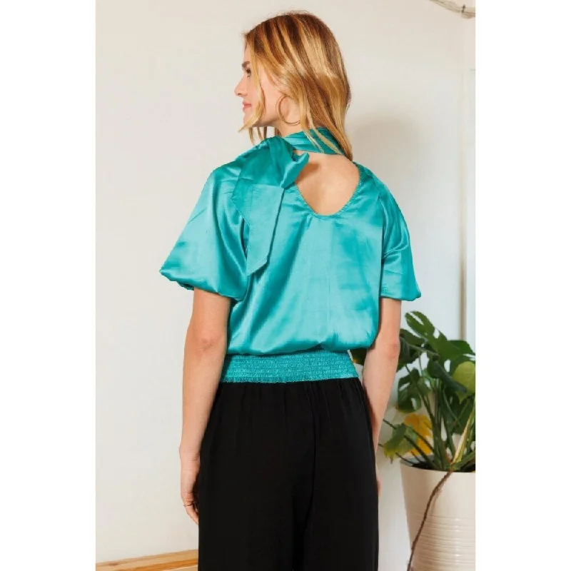 Waist Smocked Solid Satin Blouse with Bow Details and Elbow Length Puff SleevesBamboo Shirts