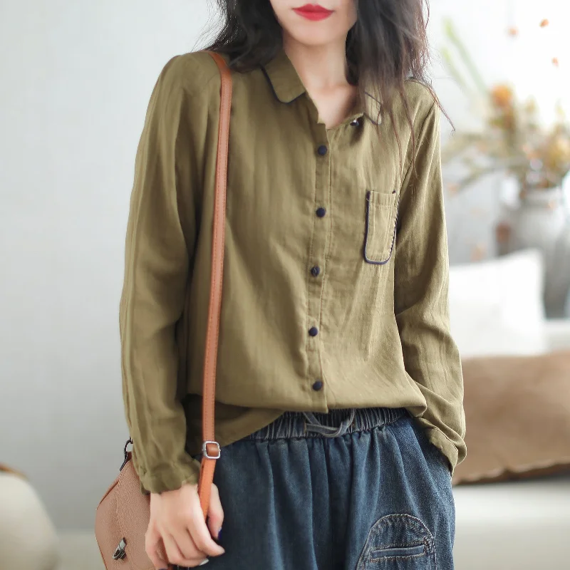 Women Autumn Cotton Solid Retro Casual BlouseChambray Shirts