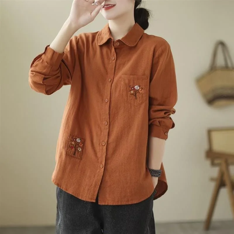 Women Autumn Retro Embroidery Cotton Linen BlouseHiking Shirts