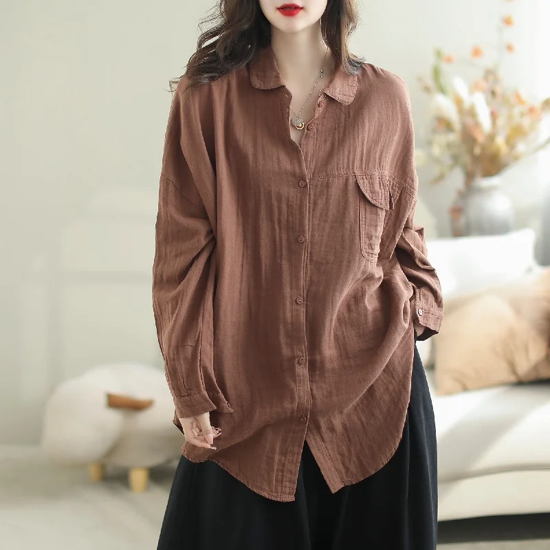 Women Autumn Retro Solid Cotton Loose BlouseSlim Fit Shirts