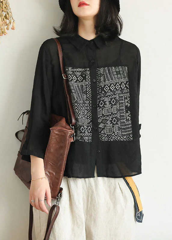 Women Black Peter Pan Collar Geometric Patchwork Linen Blouse Top Bracelet SleeveRayon Shirts